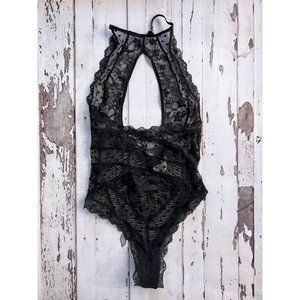 NWOT Victoria's Secret Black Lace Keyhole Halter Thong Teddy (XS)